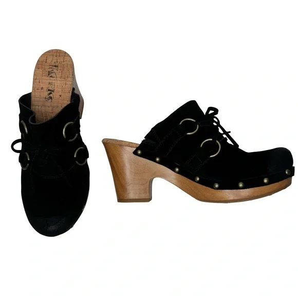 KORKS Woodley Black Suede Studded Clogs Mules with Wooden Heel Size 8M - Picture 8 of 13